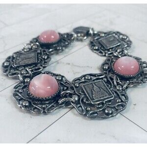 Vintage Art Deco Filigree Mottled Pink Glass Cabochon Czech Style Bracelet Paris